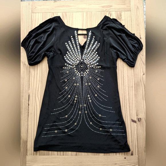Bisou Bisou Tops - Bisou Bisou Black Dress |14P| with Gold Embellishments